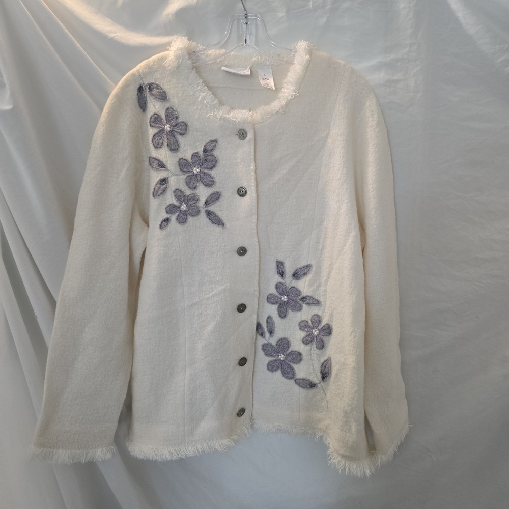 Alfred Dunner Women's Cardigan Cream Floral Pearls Fringe 100% Wool Boho-chic L - Picture 2 of 13